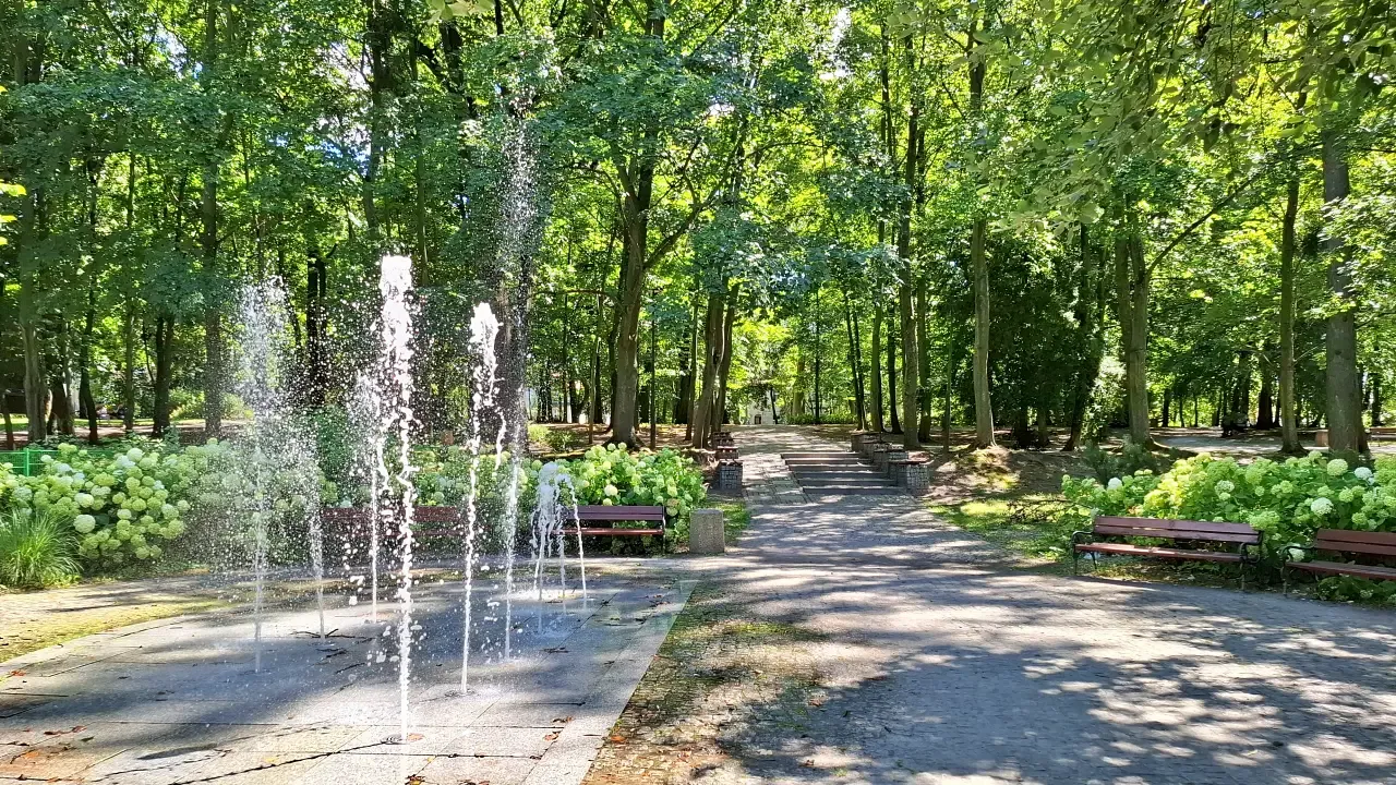 Park Miejski w Obornikach Śląskich z fontanną, alejkami i dojrzałym drzewostanem