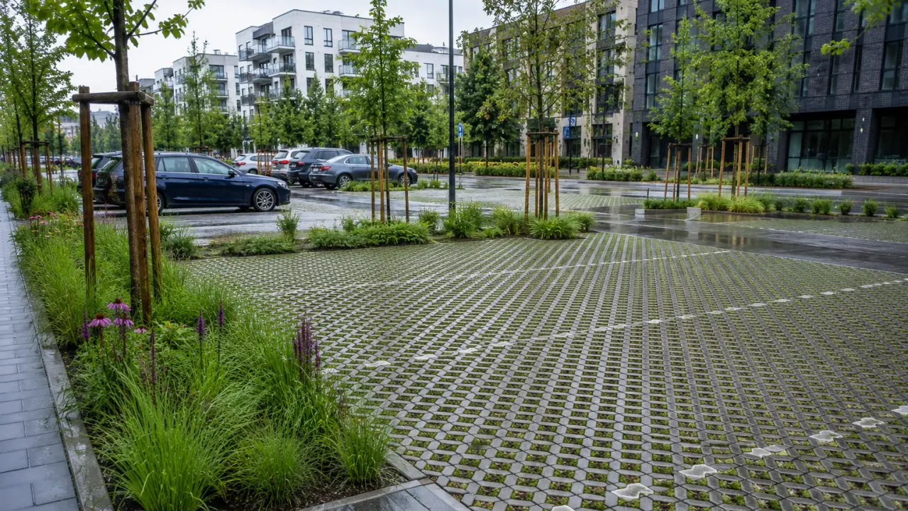 Parking z nawierzchnią przepuszczalną po opadach deszczu. Ażurowa powierzchnia umożliwia wsiąkanie wody do gruntu, wspierając retencję i ograniczając odpływ deszczówki do kanalizacji.