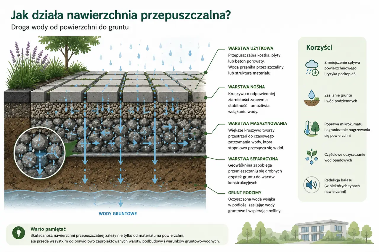 Schemat przedstawiający budowę nawierzchni przepuszczalnej oraz drogę wody opadowej przez warstwy konstrukcyjne do gruntu i wód podziemnych.