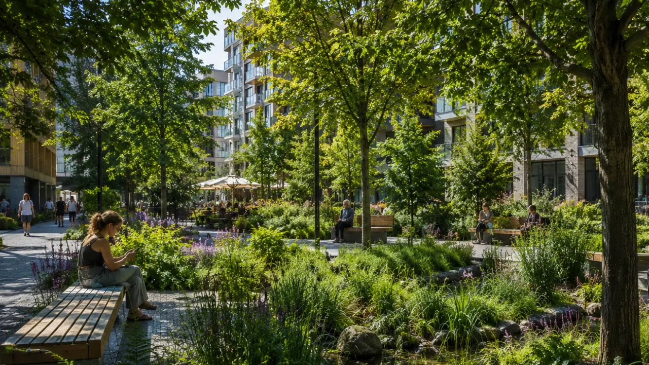 Ilustracja - niewielki park kieszonkowy pomiędzy nowoczesnymi budynkami